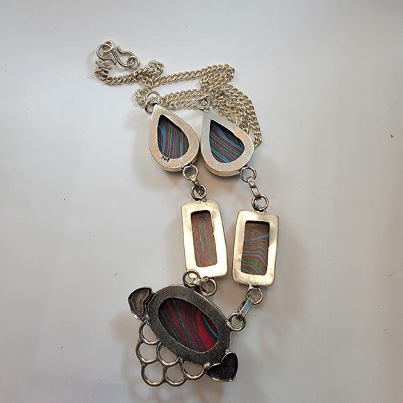 Handmade Sterling Silver Necklace Featuring Colorful Multi-Striped Polymer Stone - Picture 4 of 10